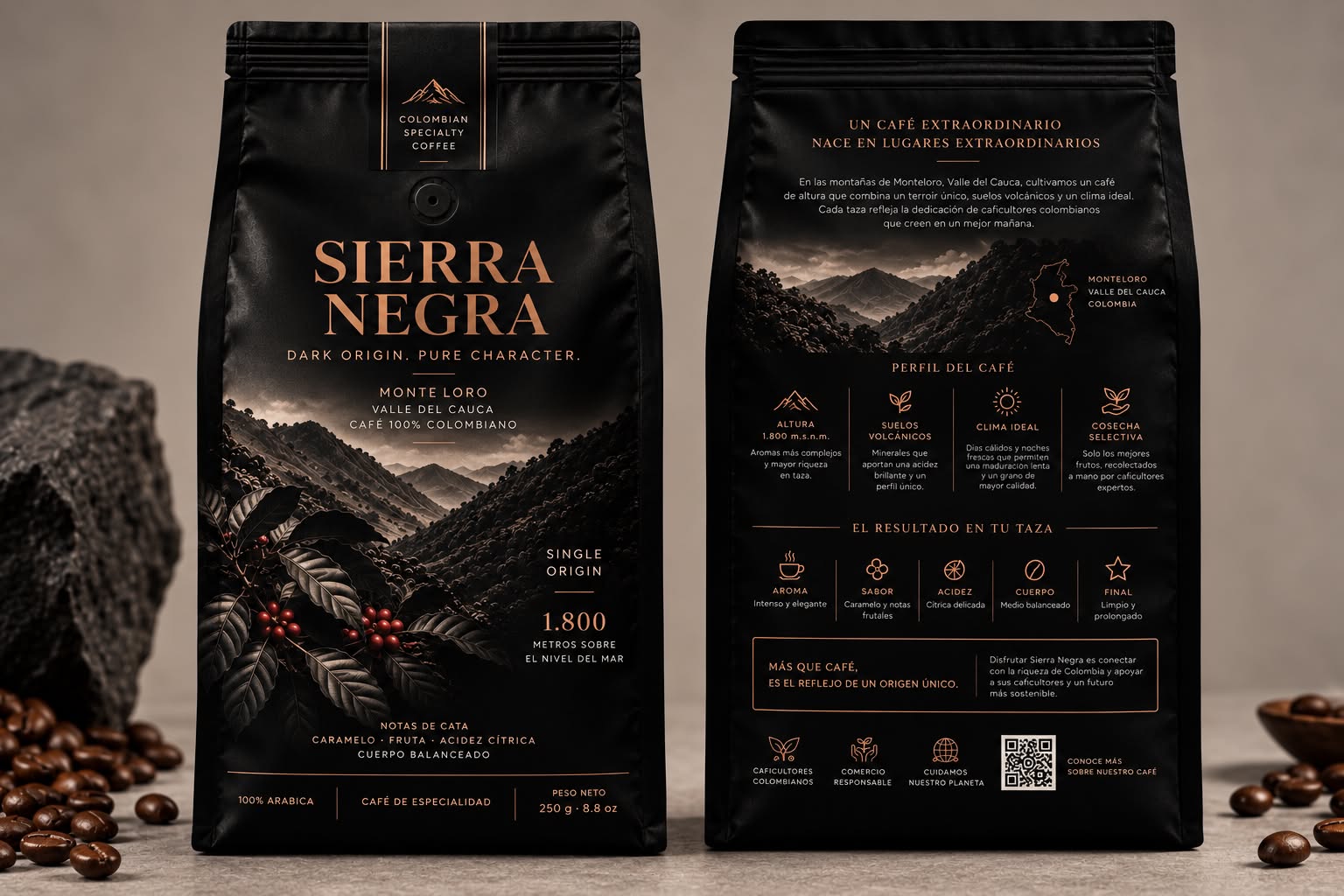 Sierra Negra 250 g bag, front and back, in matte black with copper print